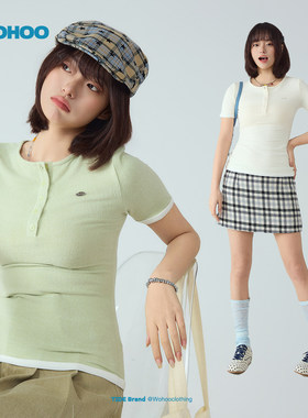 wohoo亨利领打底衫短袖t恤早春扣子针织衫女内搭修身半袖女装上衣
