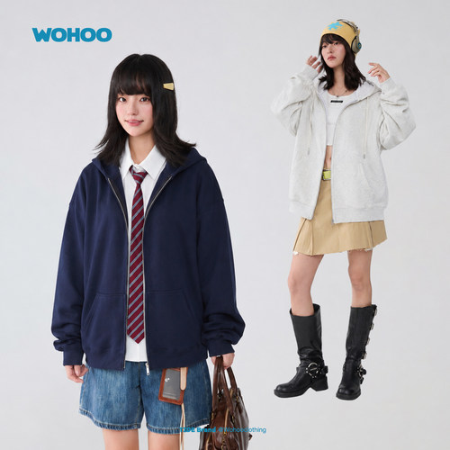 wohoo美式开衫卫衣纯色宽松连帽上衣