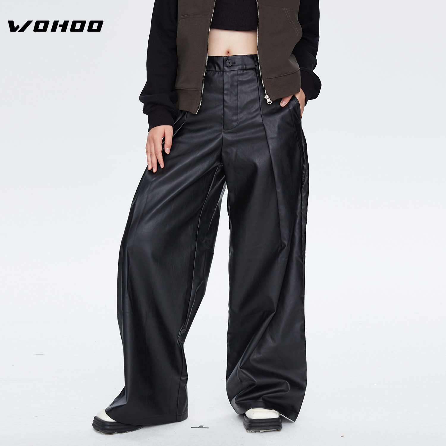 WOHOO皮裤女2025秋冬季新款直筒显瘦休闲裤软PU皮个性宽松阔腿裤,男装,皮裤,淘宝优惠券,粉丝福利购,淘宝优惠卷