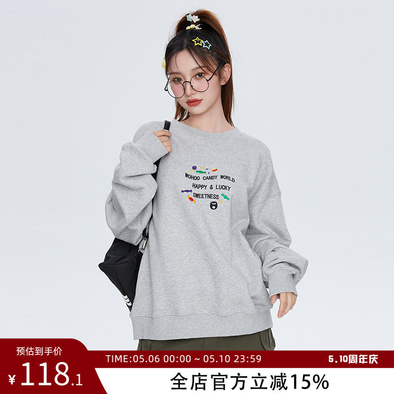 WOHOO 2025早秋美式卡通糖果刺绣长袖圆领卫衣宽松落肩情侣上衣女