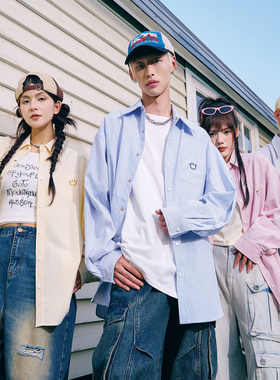 wohoo笑脸刺绣条纹衬衫百搭宽松ins休闲情侣长袖衬衣春秋薄款外套