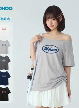 【所有女生直播间】wohoo斜领短袖t恤女新款上衣ootd穿搭印花半袖