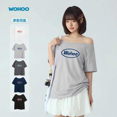 【所有女生直播间】wohoo斜领短袖t恤女新款上衣ootd穿搭印花半袖