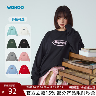 WOHOO纯棉韩系多巴胺圆领印花长袖t恤男女款2026新款春秋休闲上衣