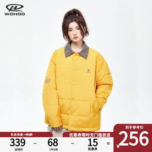 WOHOO 2023新款基础刺绣翻领棉服复古棉衣女情侣宽松潮牌外套冬季
