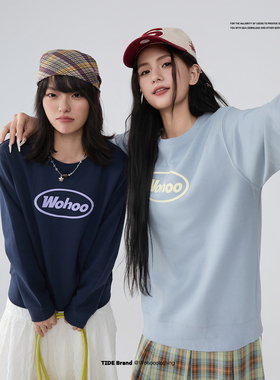 WOHOO圆领卫衣女情侣装2025新款秋季潮牌百搭无帽套头宽松潮上衣