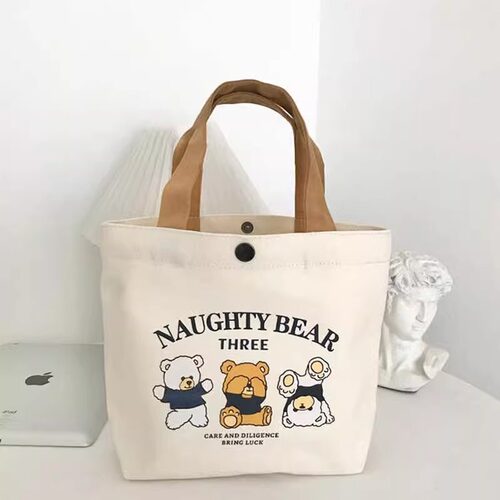 小熊帆布包包女士逛街上班印花手提袋子学生手拎饭盒袋小型百搭包