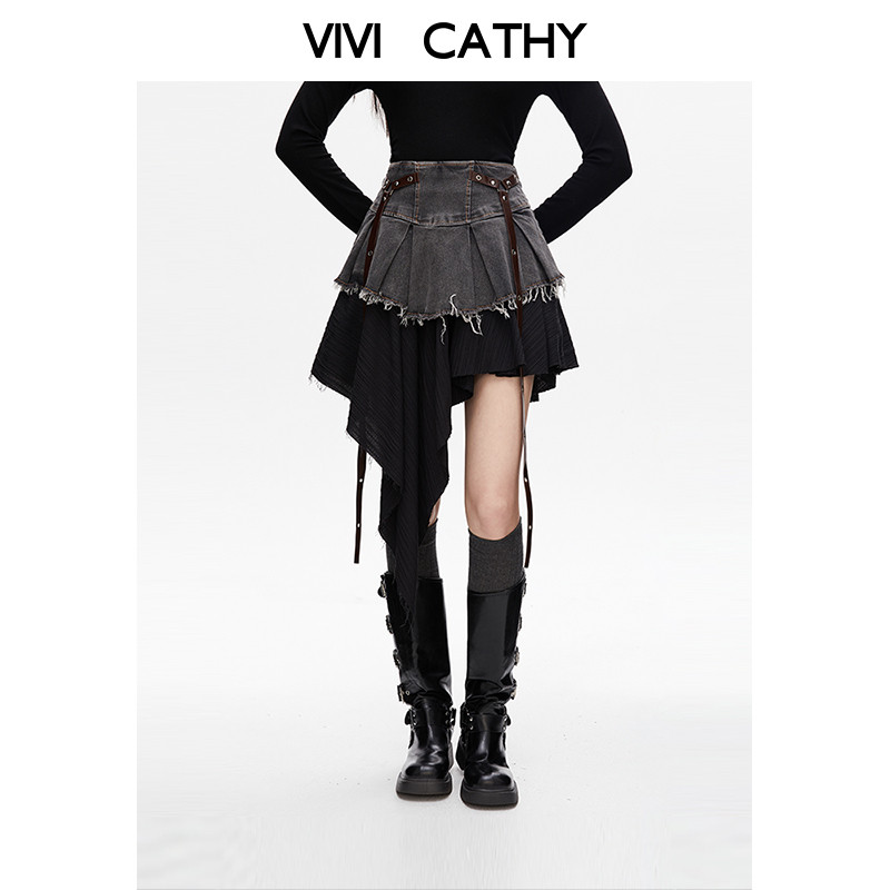 VIVICATHY2025秋复古拼接牛仔半身裙女高腰显瘦不规则辣妹风短裙,女装/女士精品,半身裙,淘宝优惠券,粉丝福利购,淘宝优惠卷