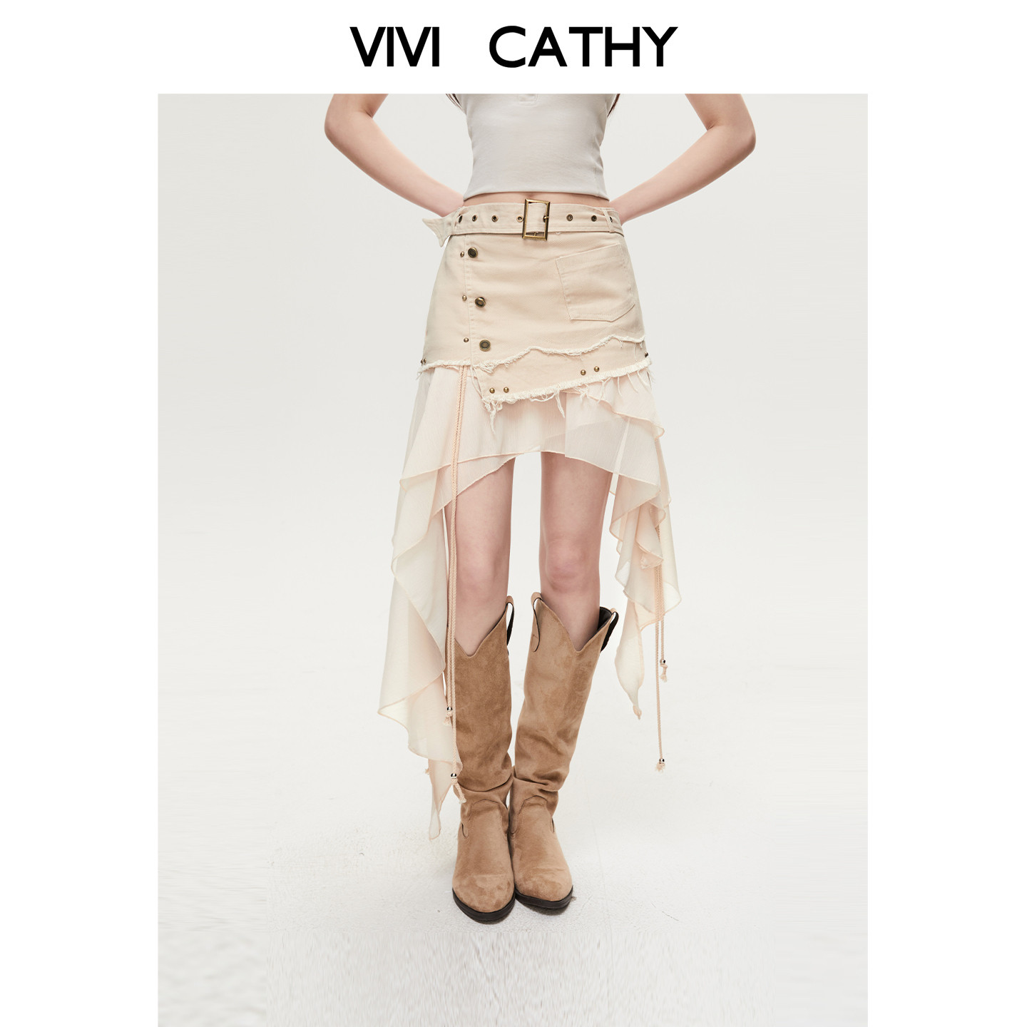 VIVICATHY 荷叶边网纱拼接牛仔半身裙女2026夏季辣妹不规则短裙