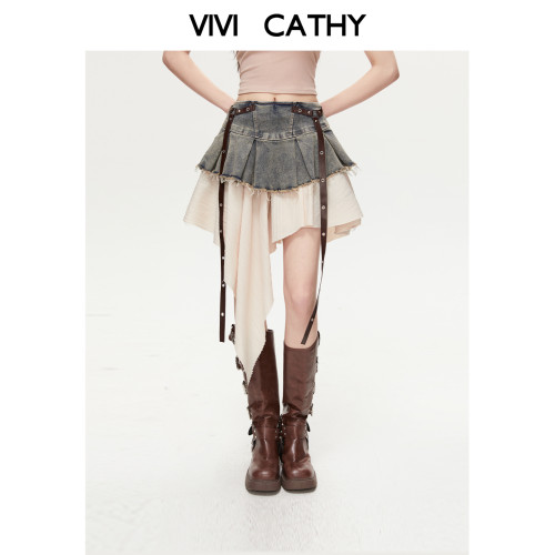 VIVICATHY美式不规则牛仔半身裙