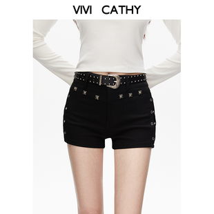 靴裤 VIVICATHY2025秋冬黑色铆钉辣妹短裤 直筒热裤 高腰修身 女美式