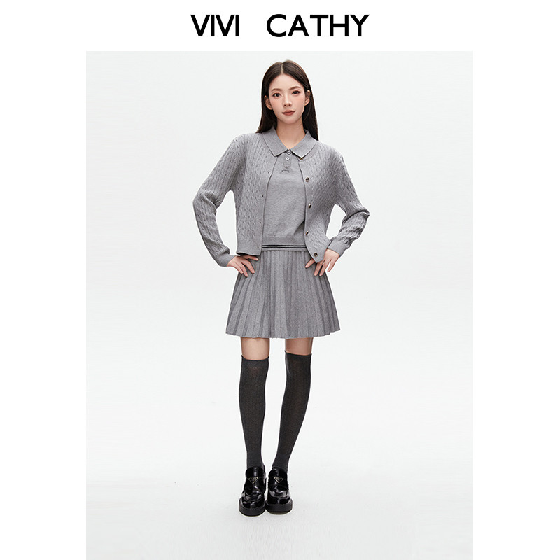 VIVICATHY2025秋复古麻花POLO领长袖针织套装女小香风三件套