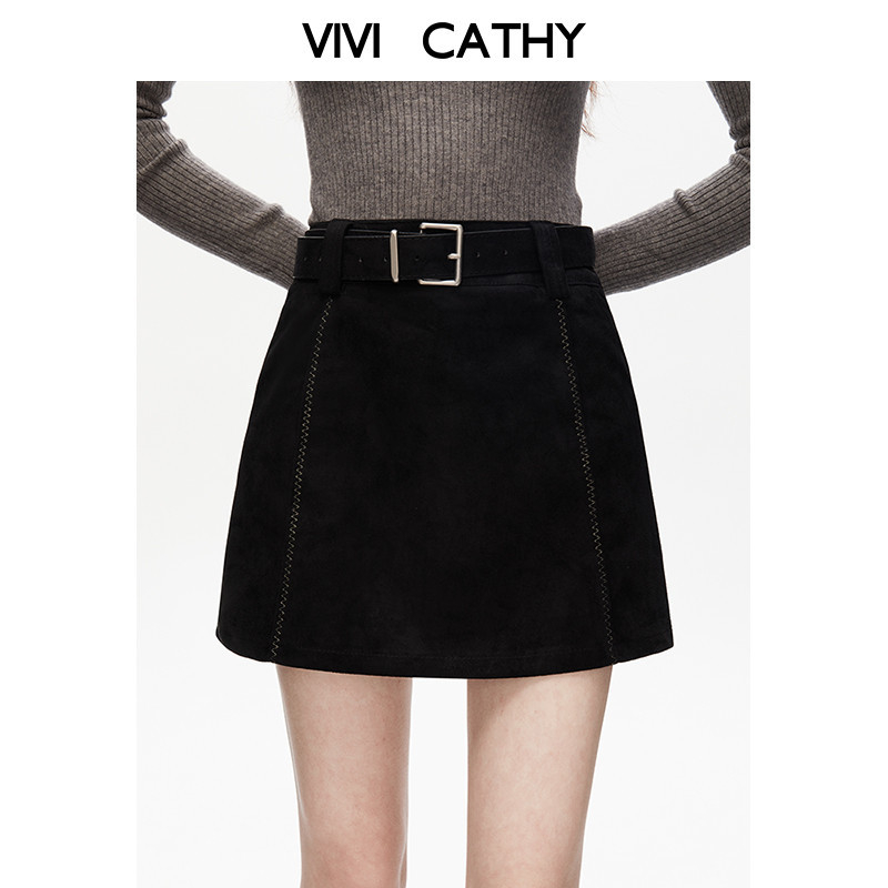 VIVICATHY2025冬佰搭气质A字麂皮裙腰带防走光高腰显瘦绒面半裙