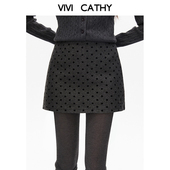 VIVICATHY2025秋冬灰色波点半身裙女复古高腰小个子包臀毛呢短裙