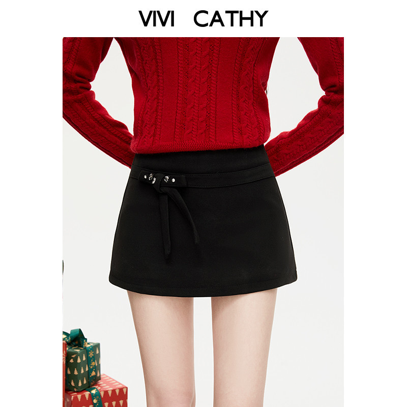 VIVICATHY2025秋冬小香风钉钻蝴蝶结毛呢半身裙女低腰a字短裙黑