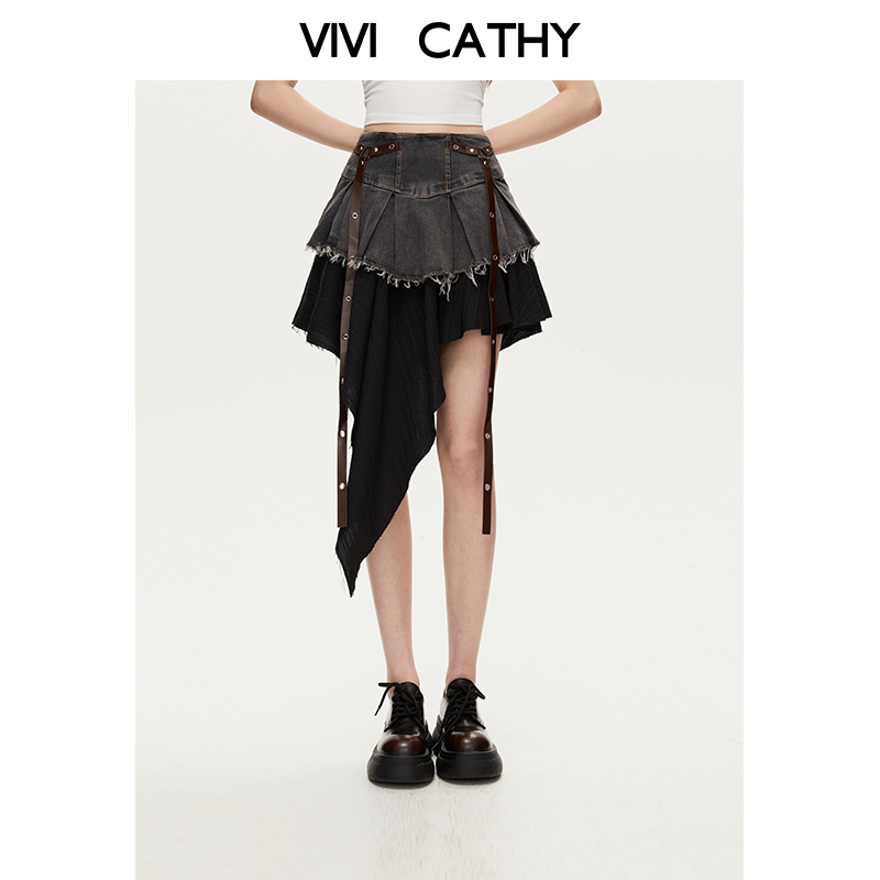 VIVICATHY2025春夏复古辣妹不规则牛仔拼接半裙女高腰显瘦A字短裙