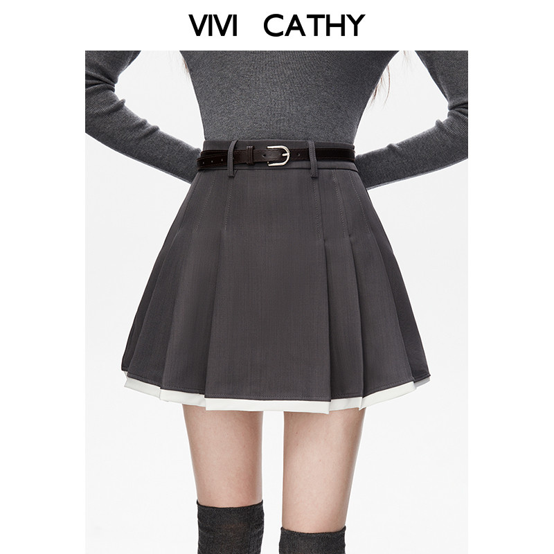 VIVICATHY2025秋学院风灰色百褶裙女韩系拼接小个子高腰半身a裙