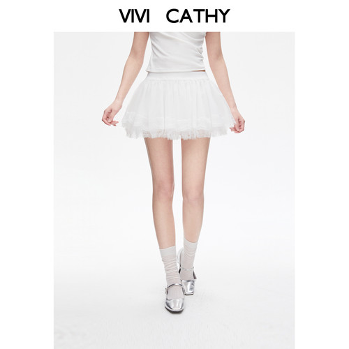 VIVICATHY2026春夏精致仙气蕾丝网纱蓬蓬裙女芭蕾风a字半身短裙