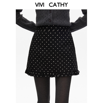 VIVICATHY法式波点黑色半身裙女2025秋冬新款高级感毛呢包臀短裙