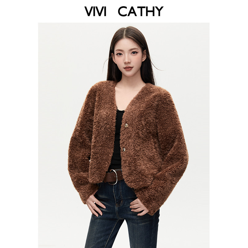 VIVICATHY美拉德仿皮毛一体毛毛外套女装2025冬新款气质皮草上衣