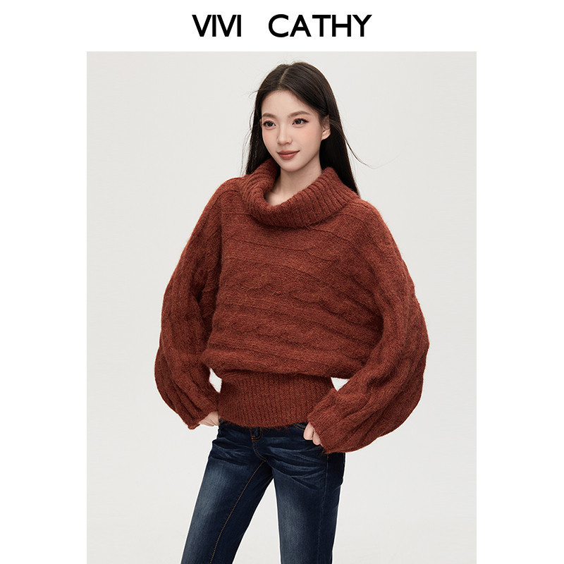VIVICATHY2025秋冬韩系氛围感一字肩麻花毛衣女慵懒露肩针织上衣