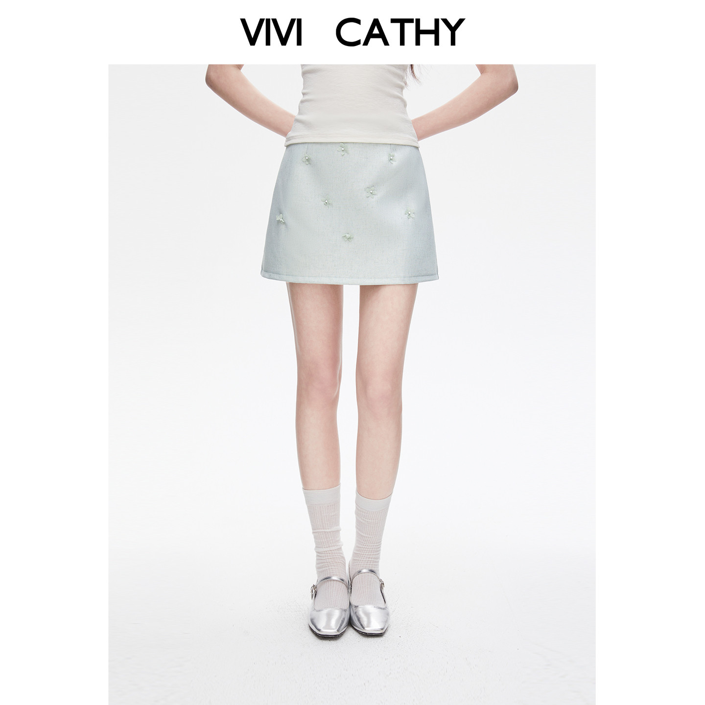 VIVICATHY2026夏季立体钉珠花朵半身裙女气质简约a字包臀短裙