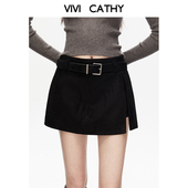 VIVICATHY2025秋冬复古佰搭麂皮腰带短裙女辣妹低腰休闲半身裙黑