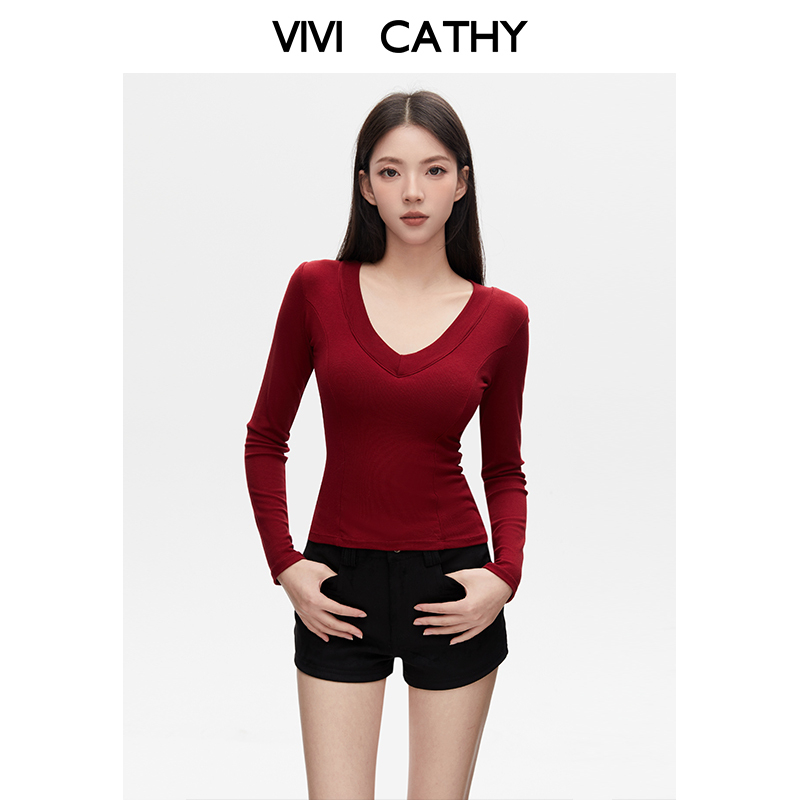 VIVICATHY2025秋季辣妹V领正肩长袖T恤女纯欲修身显瘦内搭上衣