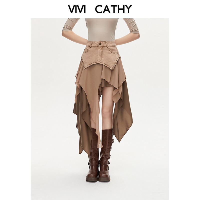 VIVICATHY2026秋季不规则牛仔拼接雪纺半身裙女复古低腰a字长裙