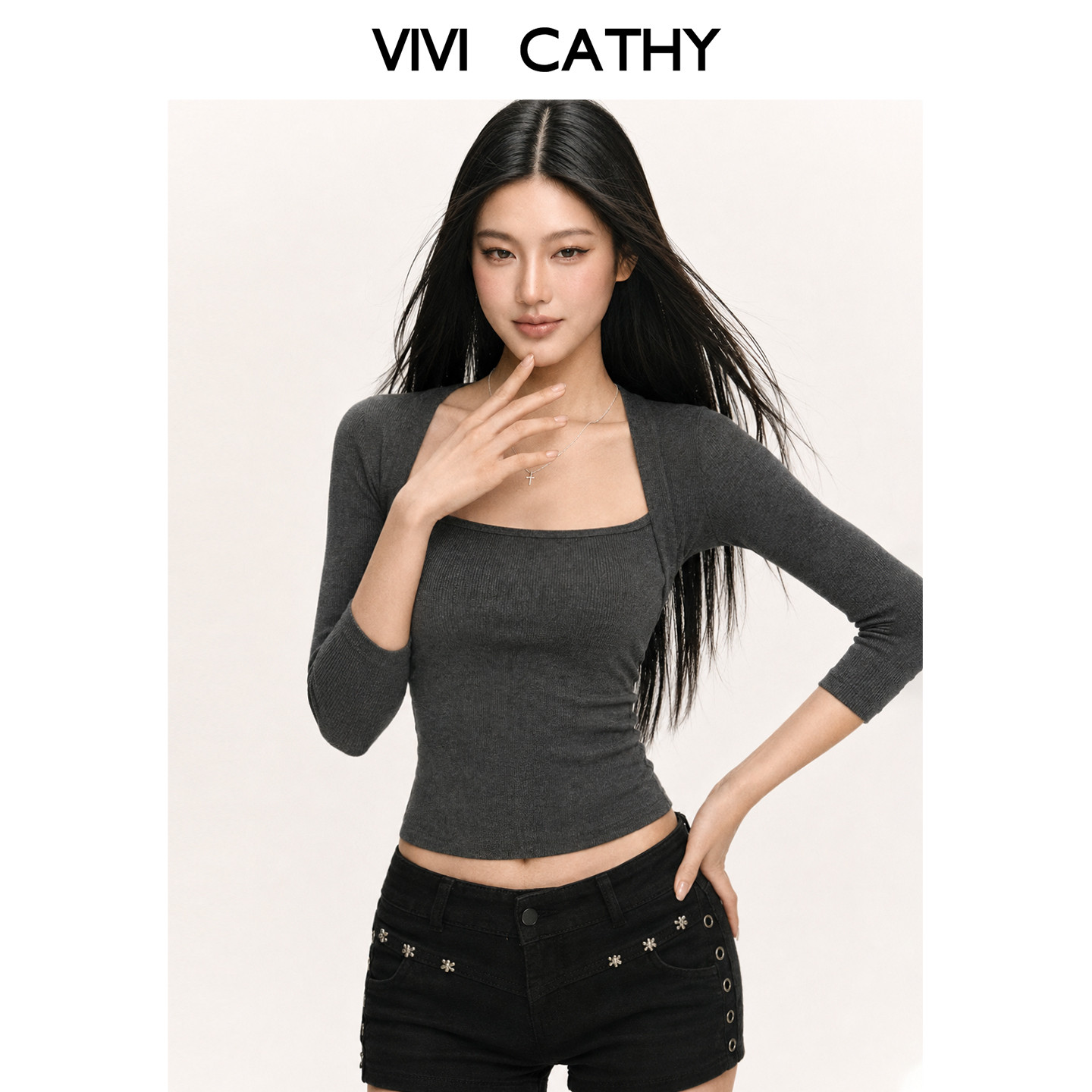 VIVICATHY2026秋季七分袖软糯舒适包肩显瘦T恤短袖女辣妹风上衣