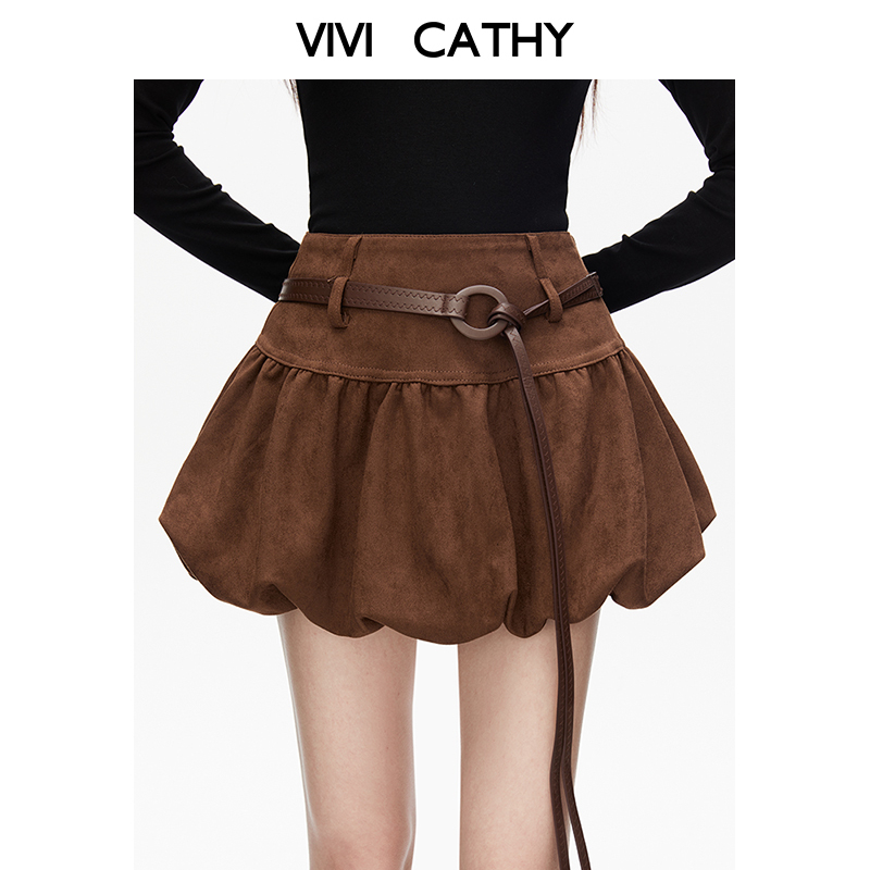 VIVICATHY麂皮绒短裙女装2025秋冬季新款高腰花苞美拉德a字半身裙