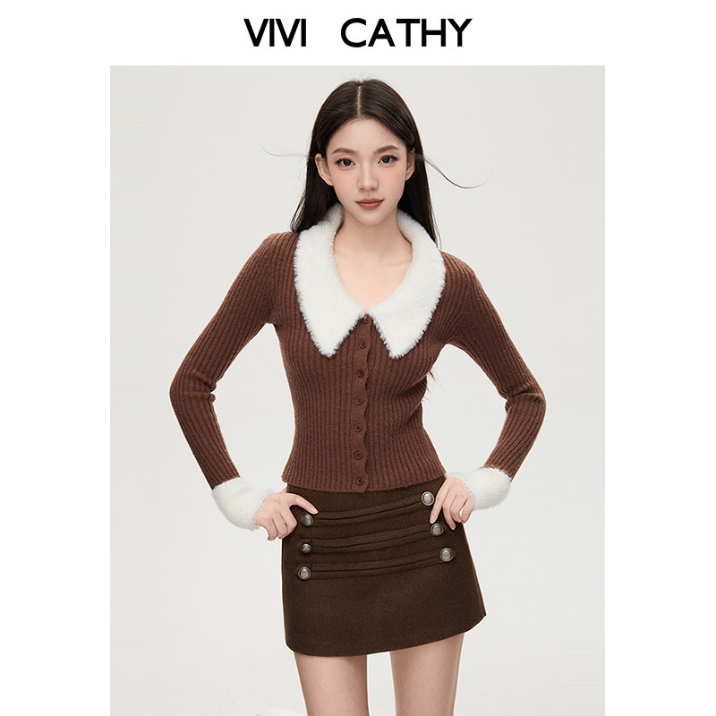 VIVICATHY2025秋冬复古焦糖撞色毛毛翻领针织开衫女软糯修身上衣