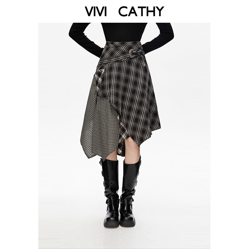 VIVICATHY2025秋不规则下摆黑白格纹长裙女高腰宽松显瘦半身a裙