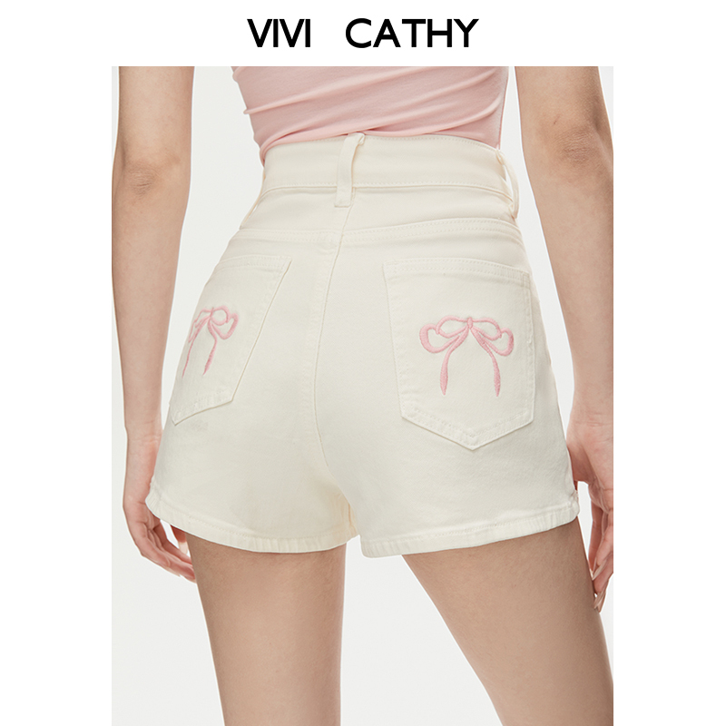 VIVICATHY2025夏季白色牛仔裤女撞色蝴蝶结高腰A字显瘦超短热裤