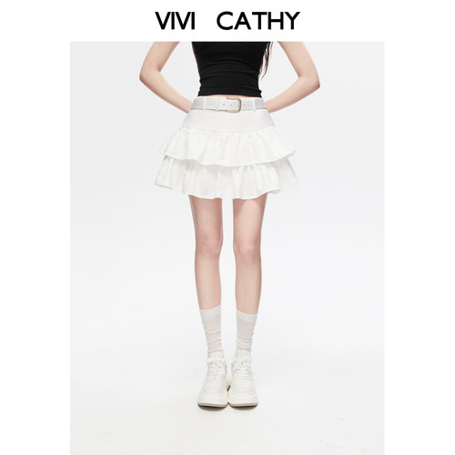 VIVICATHY2026夏季韩系白色蓬蓬蛋糕裙女高腰甜辣褶皱感a字半裙