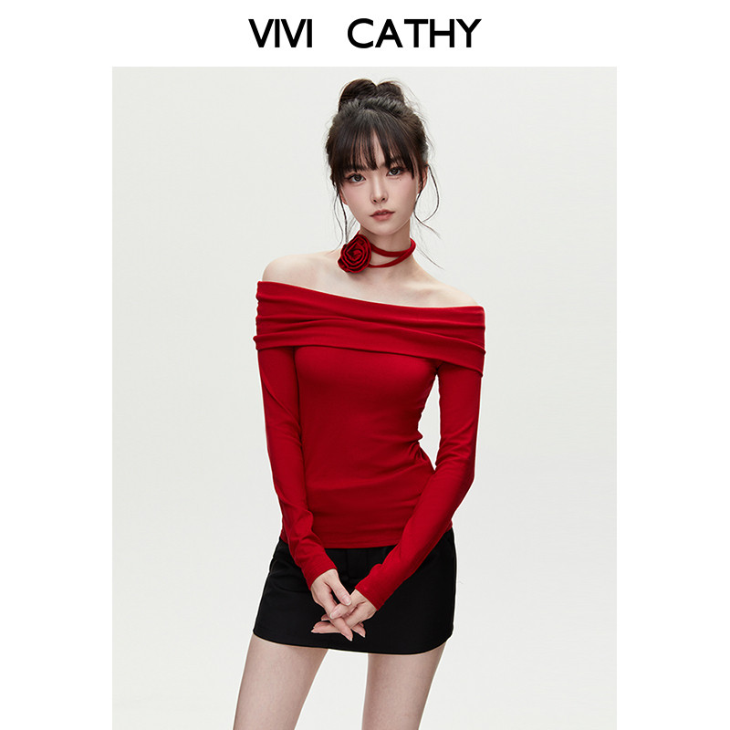 VIVICATHY2025秋美式辣妹花朵一字肩长袖打底女修身红色内搭上衣,女装/女士精品,T恤,淘宝优惠券,粉丝福利购,淘宝优惠卷