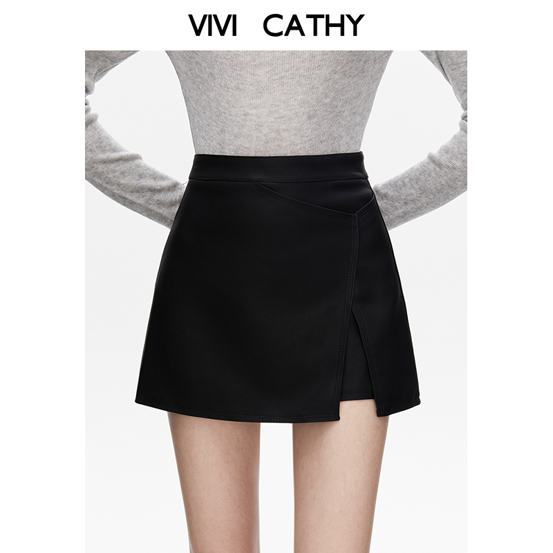 VIVICATHY黑色小皮裙女装2025秋冬新款厚黑穿搭a字半身裙包臀短裙