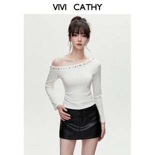 打底衫 短款 上衣 T恤女露肩修身 VIVICATHY2025秋辣妹斜肩白色长袖