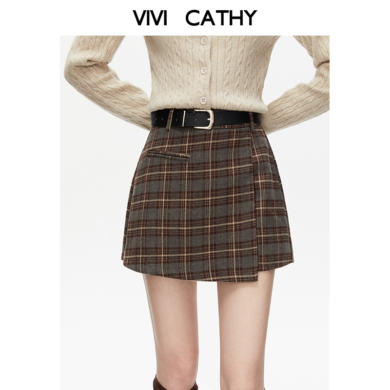 VIVICATHY2025秋冬复古撞色格纹半身裙女高腰学院风a字毛呢短裙
