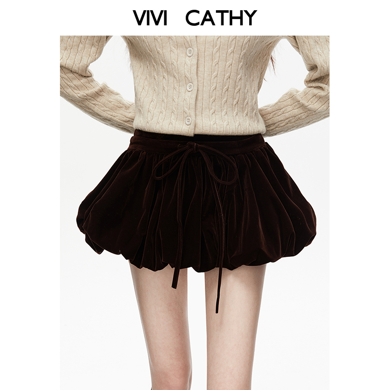 VIVICATHY丝绒花苞裙女装2025秋冬新款甜辣妹遮肉蓬蓬短裙半身裙