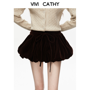 VIVICATHY丝绒花苞裙女装 甜辣妹遮肉蓬蓬超短裙半身裙 2025冬新款
