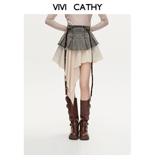 VIVICATHY美式不规则牛仔半身裙女2026春季新款显瘦气质A字短裙子