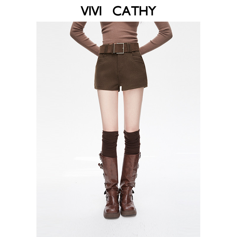 VIVICATHY2025秋冬美式辣妹焦糖a字毛呢短裤女低腰直筒热裤靴裤,女装/女士精品,休闲裤,淘宝优惠券,粉丝福利购,淘宝优惠卷