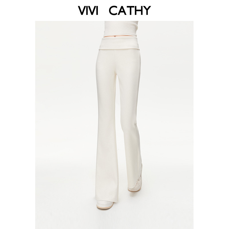 VIVICATHY2025秋冬美式翻腰修身白色微喇叭裤女低腰运动阔腿长裤