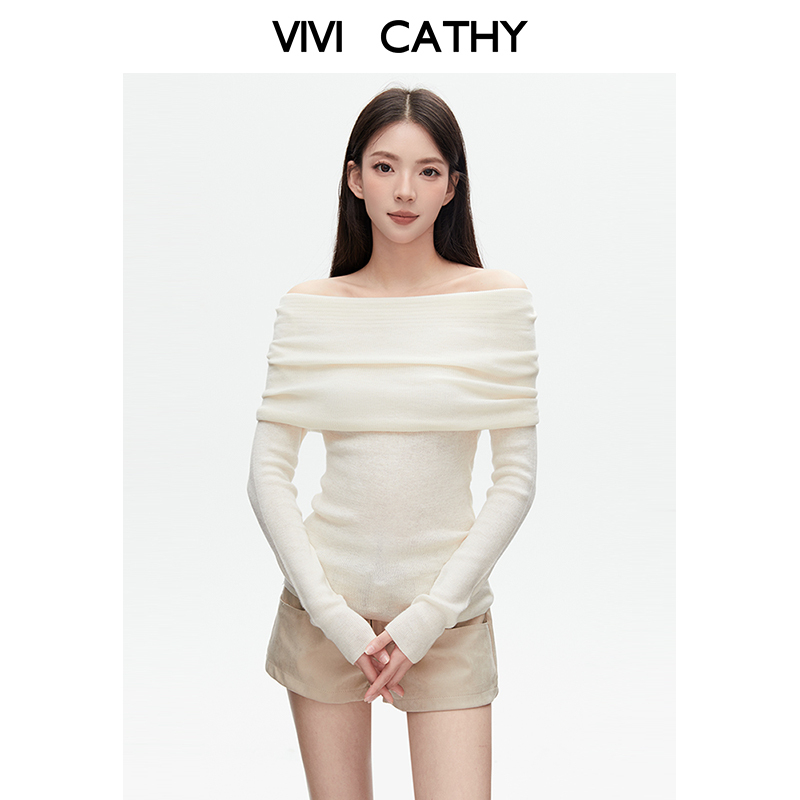 VIVICATHY2025秋辣妹一字肩针织衫打底衫女修身显瘦杏色毛衣上衣