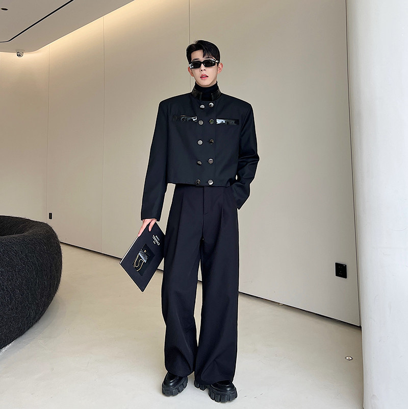 2024秋季金属扣PU皮拼接立领短款西服外套W10254P115,男装西服,电商B252