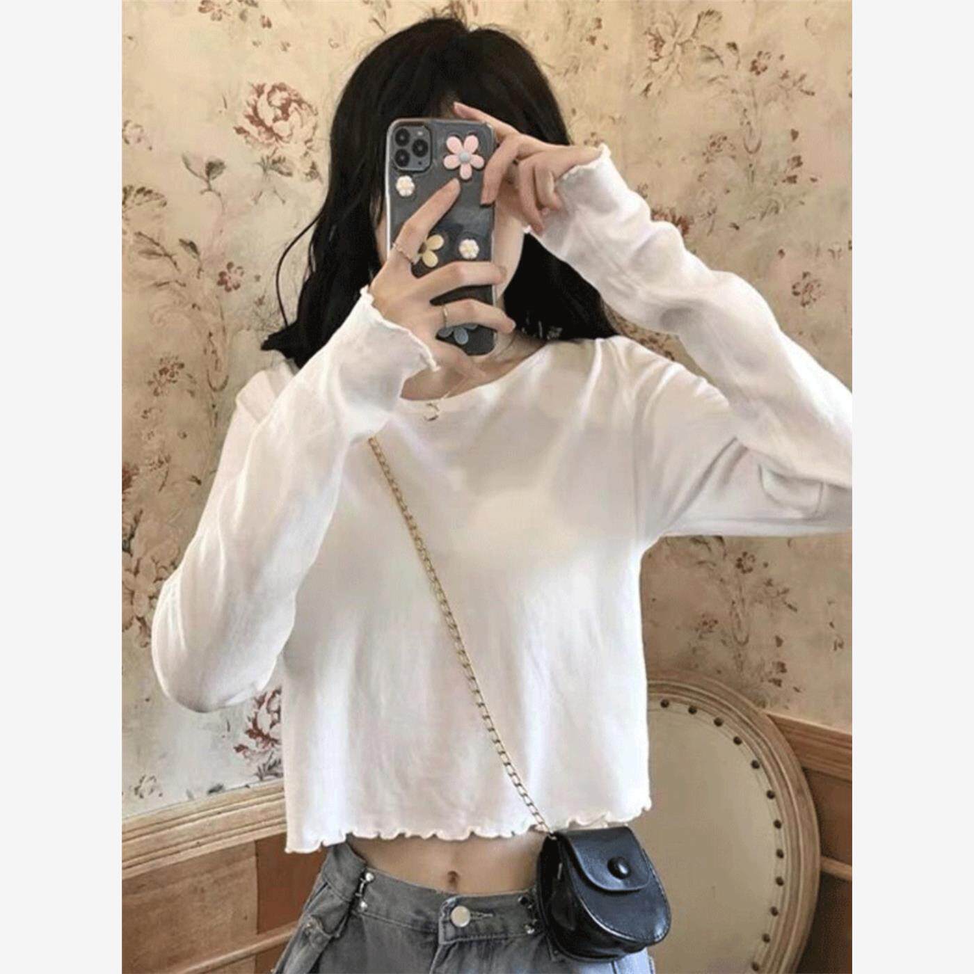 白色打底衫女春季2025新款独特纯棉修身长袖t恤内搭高级短款上衣