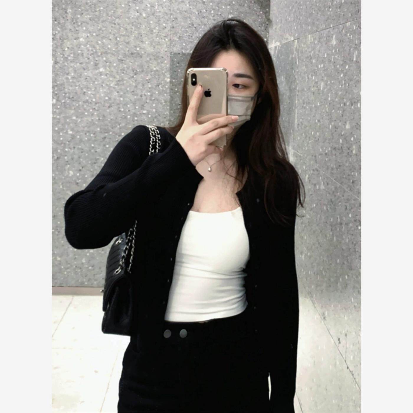 高底黑色针织开衫女子春秋季新韩国风格百度设计外穿底上衣