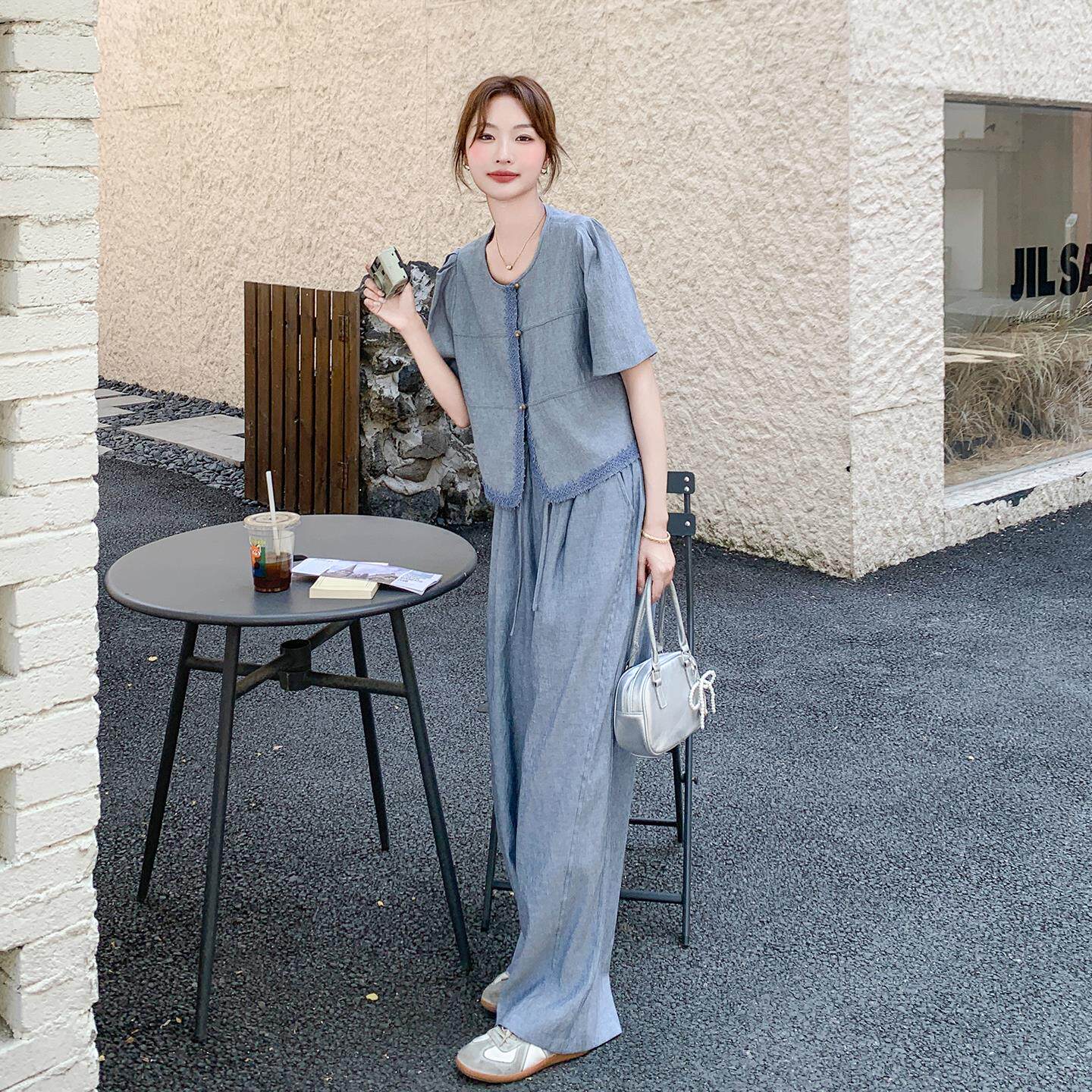 灰蓝色气质一整套穿搭女2025夏季新款独特蕾丝花边上衣阔腿裤套装
