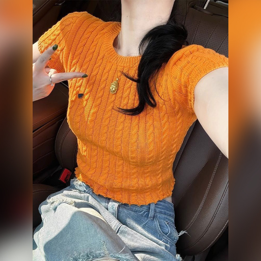 橘色绞花收腰针织正肩短袖T恤女2025新爆款夏季多巴胺甜辣风上衣